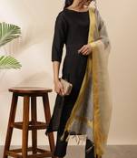 Black Silk Plain A-Line Kurta Trouser Set with Dupatta
