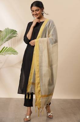 Black Silk Plain A-Line Kurta Trouser Set with Dupatta 2