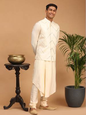 Cream Viscose Jacket, Kurta And Pyjama Set 1