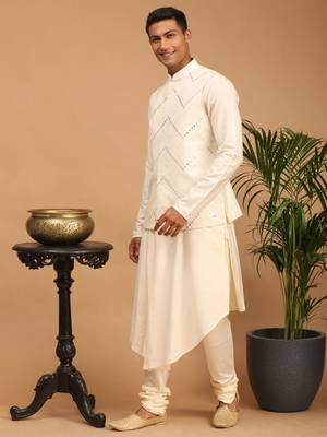 Cream Viscose Jacket, Kurta And Pyjama Set 2