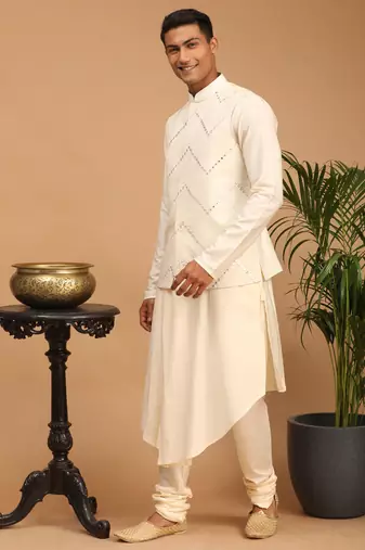Cream Viscose Jacket, Kurta And Pyjama Set