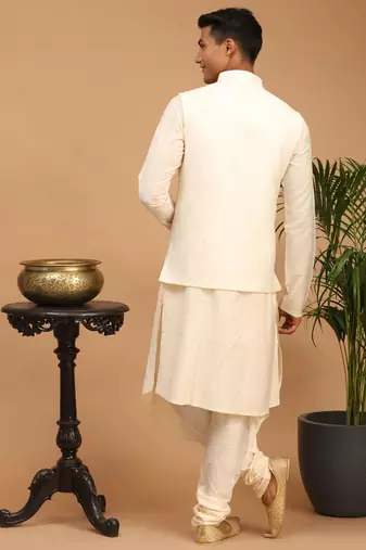 Cream Viscose Jacket, Kurta And Pyjama Set