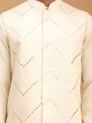 Cream Viscose Jacket, Kurta And Pyjama Set 4