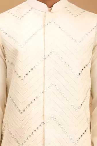 Cream Viscose Jacket, Kurta And Pyjama Set
