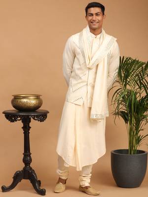 Cream Viscose Jacket, Kurta And Pyjama Set 1