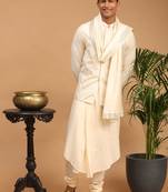 Men'S Cream Viscose Jacket, Kurta And Pyjama Set
