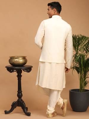 Cream Viscose Jacket, Kurta And Pyjama Set 2