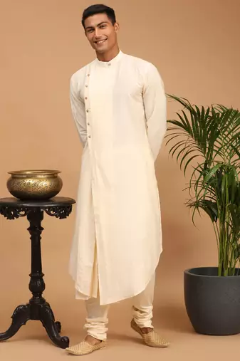 Cream Viscose Jacket, Kurta And Pyjama Set