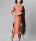 Janasya women's peach poly silk solid kurta with pant and dupatta