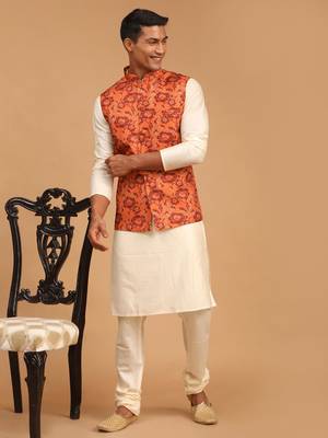  Cream Viscose Floral Printed Modi Jacket Kurta Pajama 1