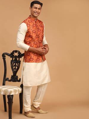  Cream Viscose Floral Printed Modi Jacket Kurta Pajama 2