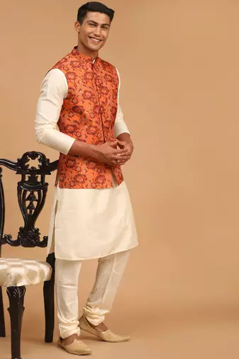  Cream Viscose Floral Printed Modi Jacket Kurta Pajama