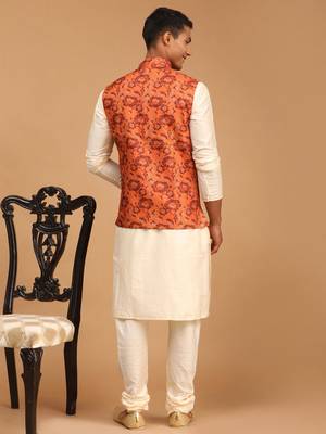  Cream Viscose Floral Printed Modi Jacket Kurta Pajama 3