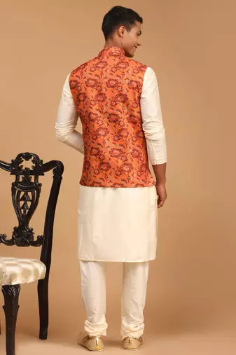  Cream Viscose Floral Printed Modi Jacket Kurta Pajama