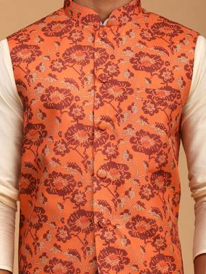  Cream Viscose Floral Printed Modi Jacket Kurta Pajama 4