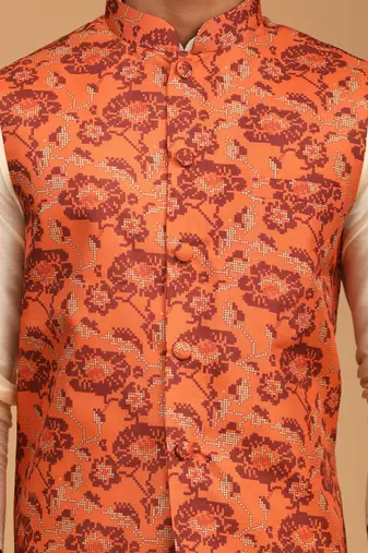  Cream Viscose Floral Printed Modi Jacket Kurta Pajama