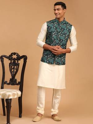 Green And Cream Viscose Jacket, Kurta And Pyjama Set 1