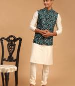 Green And Cream Viscose Jacket, Kurta And Pyjama Set