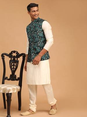 Green And Cream Viscose Jacket, Kurta And Pyjama Set 2