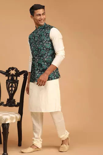 Green And Cream Viscose Jacket, Kurta And Pyjama Set