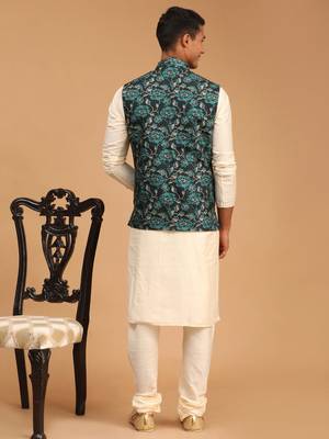 Green And Cream Viscose Jacket, Kurta And Pyjama Set 3