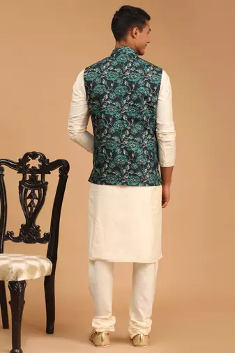 Green And Cream Viscose Jacket, Kurta And Pyjama Set