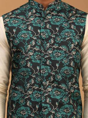 Green And Cream Viscose Jacket, Kurta And Pyjama Set 4