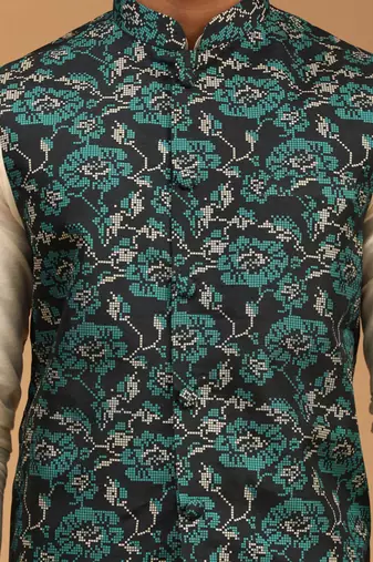 Green And Cream Viscose Jacket, Kurta And Pyjama Set