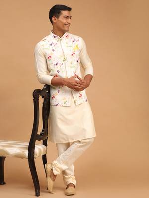 Cream Viscose Jacket, Kurta And Pyjama Set 1