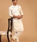 Cream Viscose Jacket, Kurta And Pyjama Set