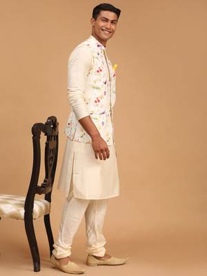 Cream Viscose Jacket, Kurta And Pyjama Set 2