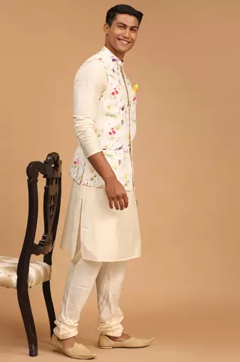 Cream Viscose Jacket, Kurta And Pyjama Set