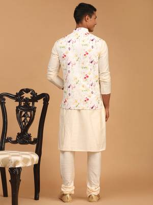 Cream Viscose Jacket, Kurta And Pyjama Set 3