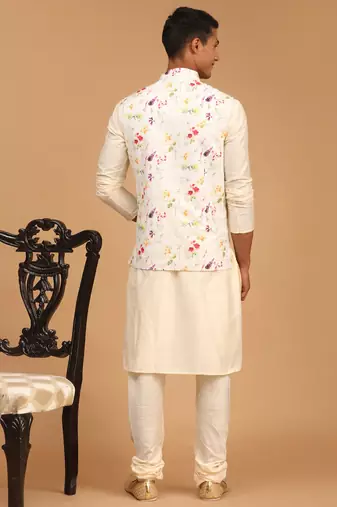 Cream Viscose Jacket, Kurta And Pyjama Set