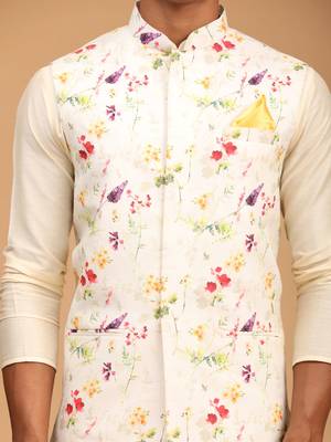 Cream Viscose Jacket, Kurta And Pyjama Set 4