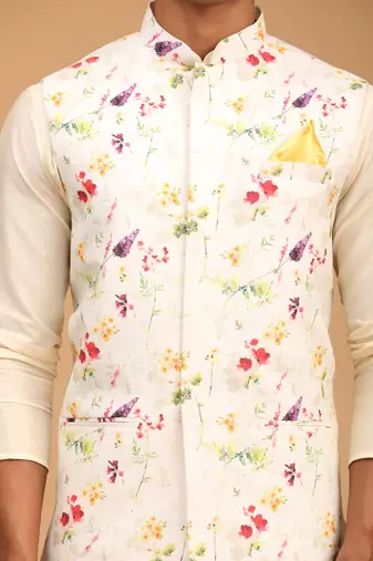 Cream Viscose Jacket, Kurta And Pyjama Set