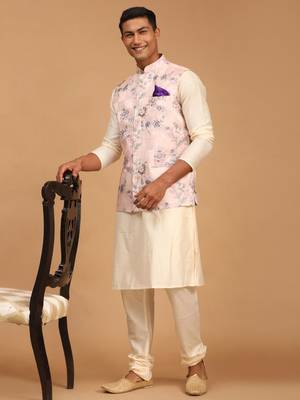 Multicolor-Base-Peach Viscose Jacket, Kurta And Pyjama Set 1