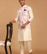 Men'S Multicolor-Base-Peach Viscose Jacket, Kurta And Pyjama Set