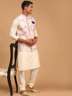 Multicolor-Base-Peach Viscose Jacket, Kurta And Pyjama Set 2