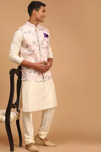 Multicolor-Base-Peach Viscose Jacket, Kurta And Pyjama Set