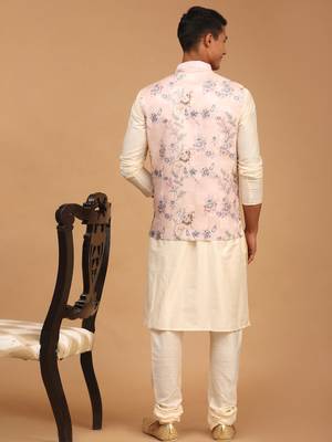 Multicolor-Base-Peach Viscose Jacket, Kurta And Pyjama Set 3
