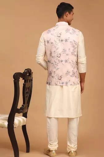 Multicolor-Base-Peach Viscose Jacket, Kurta And Pyjama Set