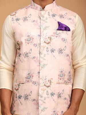 Multicolor-Base-Peach Viscose Jacket, Kurta And Pyjama Set 4