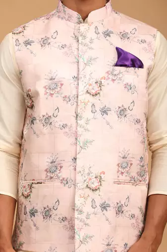 Multicolor-Base-Peach Viscose Jacket, Kurta And Pyjama Set