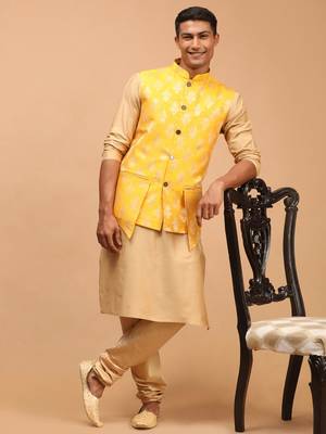 Yellow And Rose Gold Viscose Jacket, Kurta And Pyjama Set 1