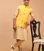 Yellow And Rose Gold Viscose Jacket, Kurta And Pyjama Set