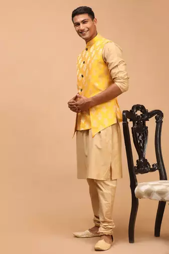 Yellow And Rose Gold Viscose Jacket, Kurta And Pyjama Set