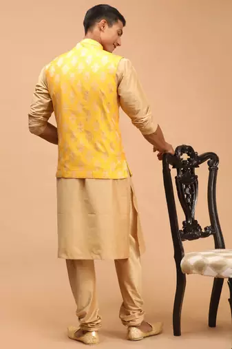 Yellow And Rose Gold Viscose Jacket, Kurta And Pyjama Set
