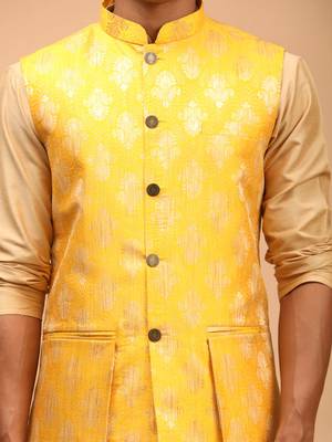 Yellow And Rose Gold Viscose Jacket, Kurta And Pyjama Set 4