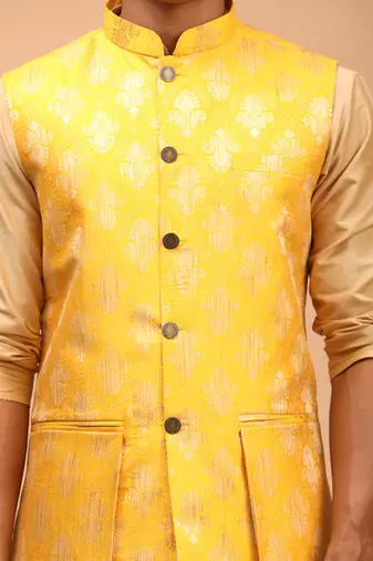 Yellow And Rose Gold Viscose Jacket, Kurta And Pyjama Set